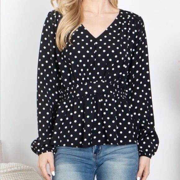 Black V-Neck Long Sleeve Blouse with White Polka Dots - Picture 3 of 5